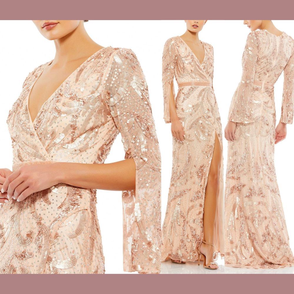NWT Mac Duggal [ 4 ] Sequined Faux Wrap Split Long Sleeve Gown‎ 5222 Rose #J145
